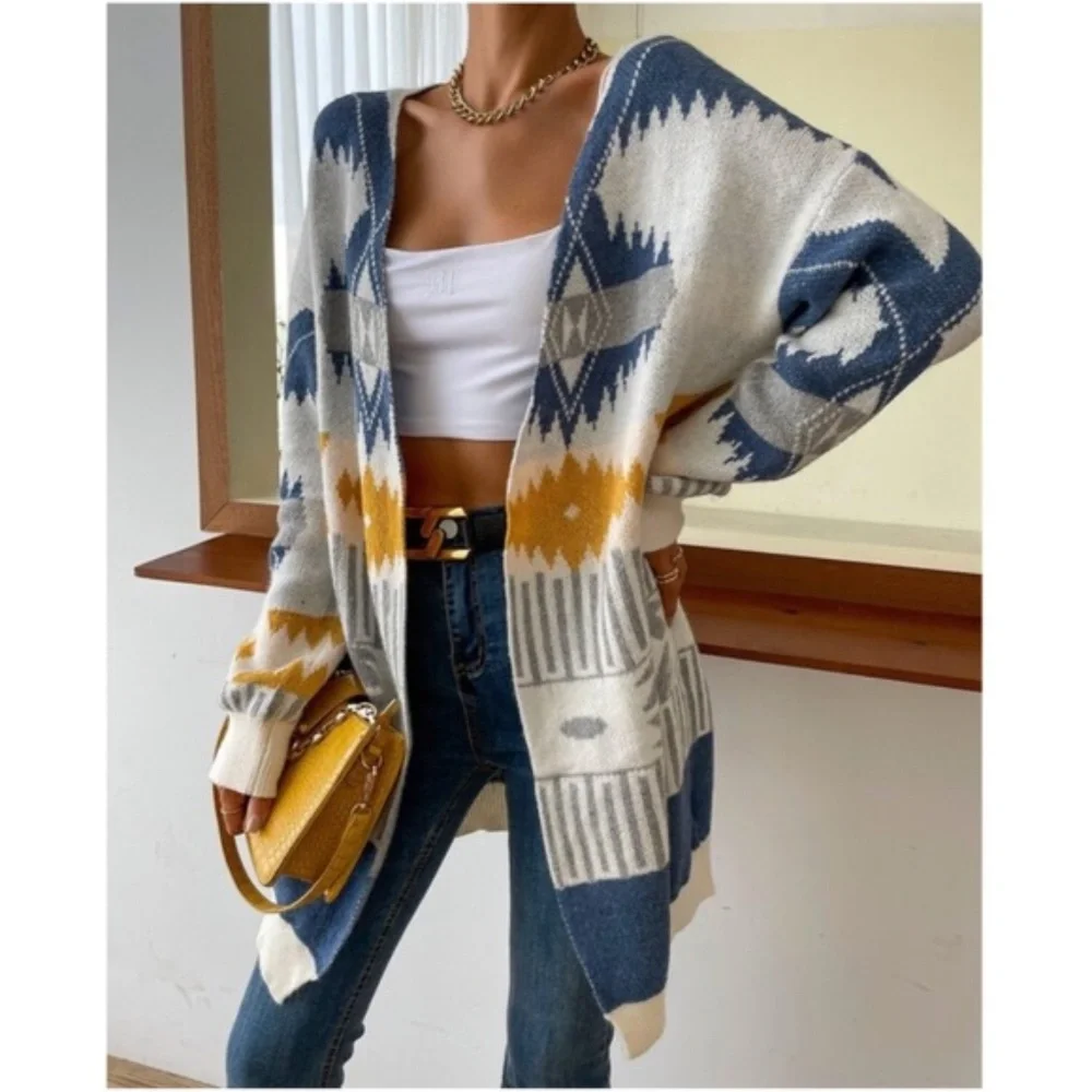 018 Blue Mustard Tribal Print Open Front Oversized Cardigan - Picture 1 of 3